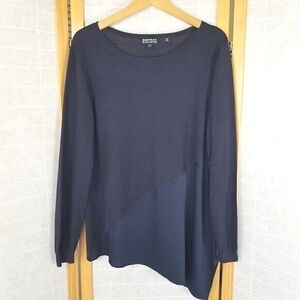 Navy Blue Silk Blend Tunic Sweater Mixed Media Size Large Long Sleeves